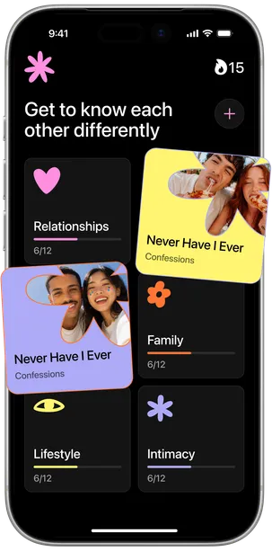 Floom question categories: Relationships, Family, Lifestyle, Intimacy