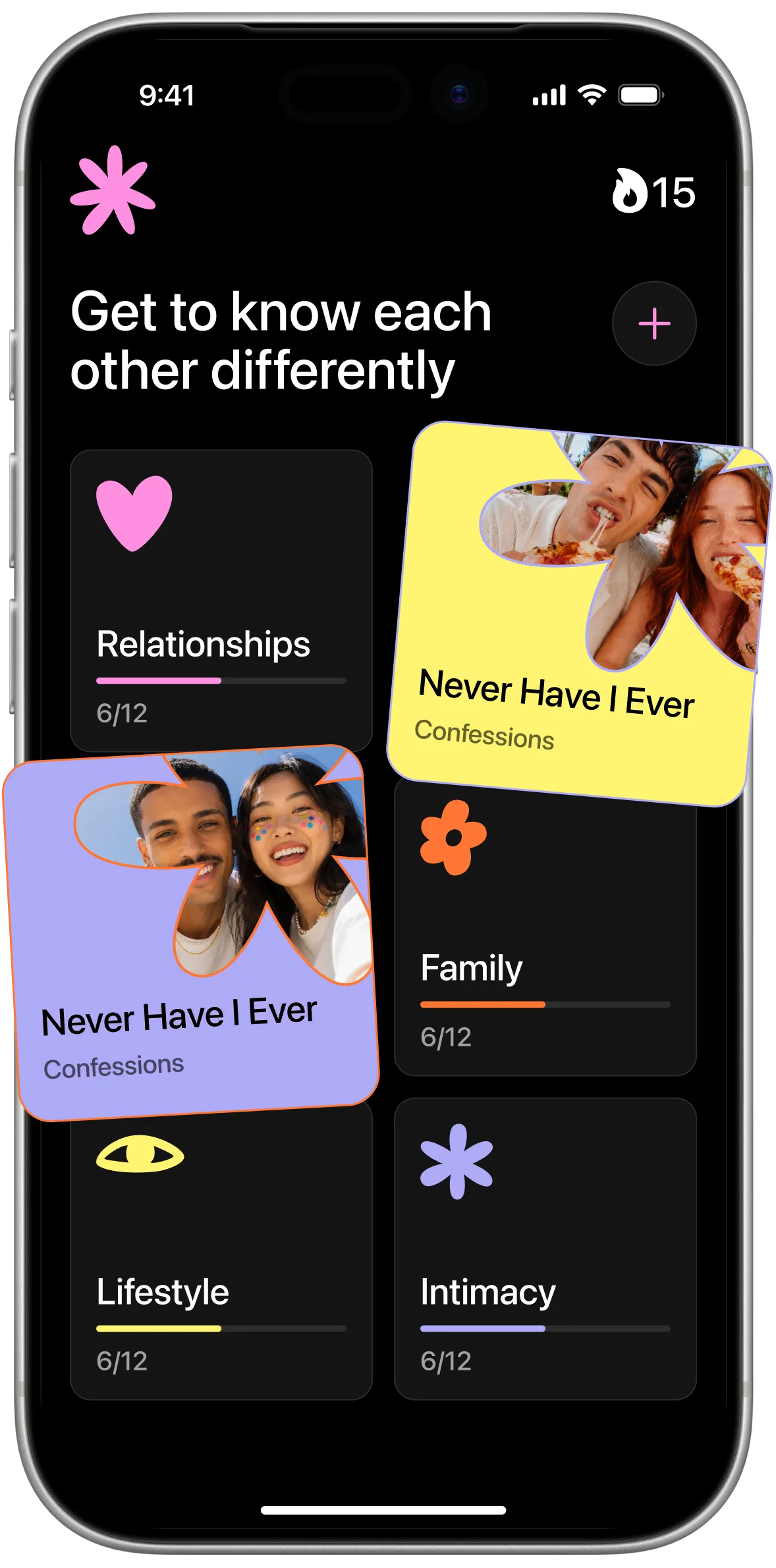 Floom quiz categories: Relationships, Family, Lifestyle, Intimacy