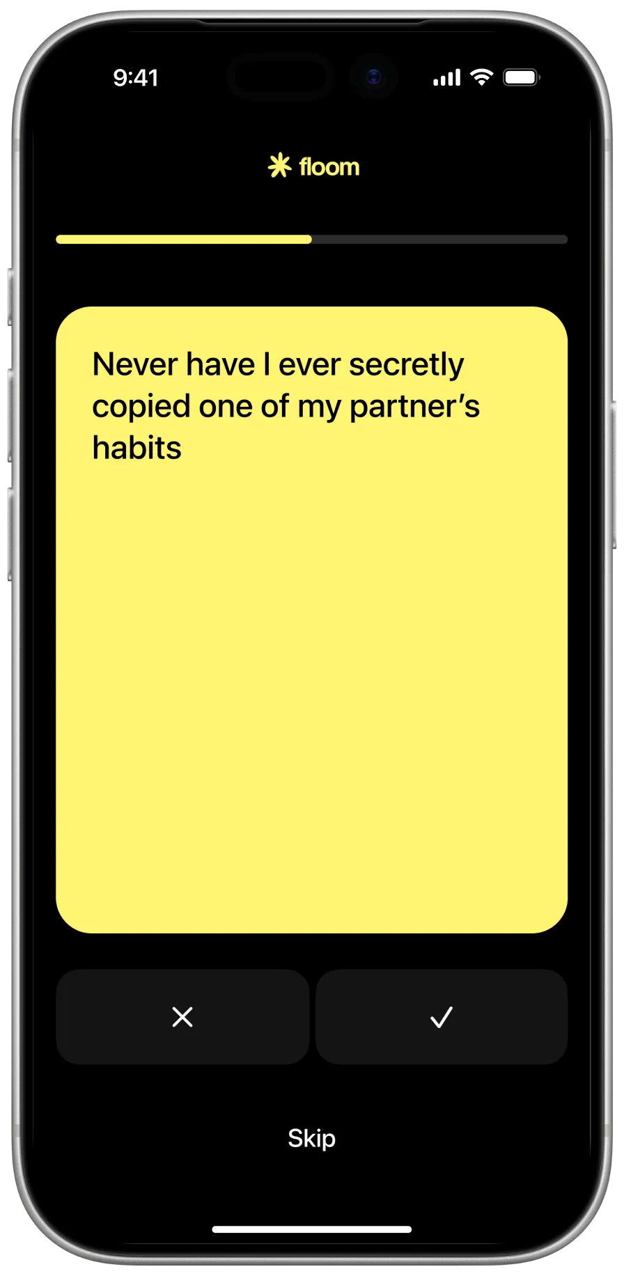 A Floom “Never have I ever” question card
