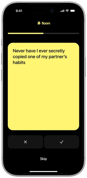 Floom “Never have I ever” question card